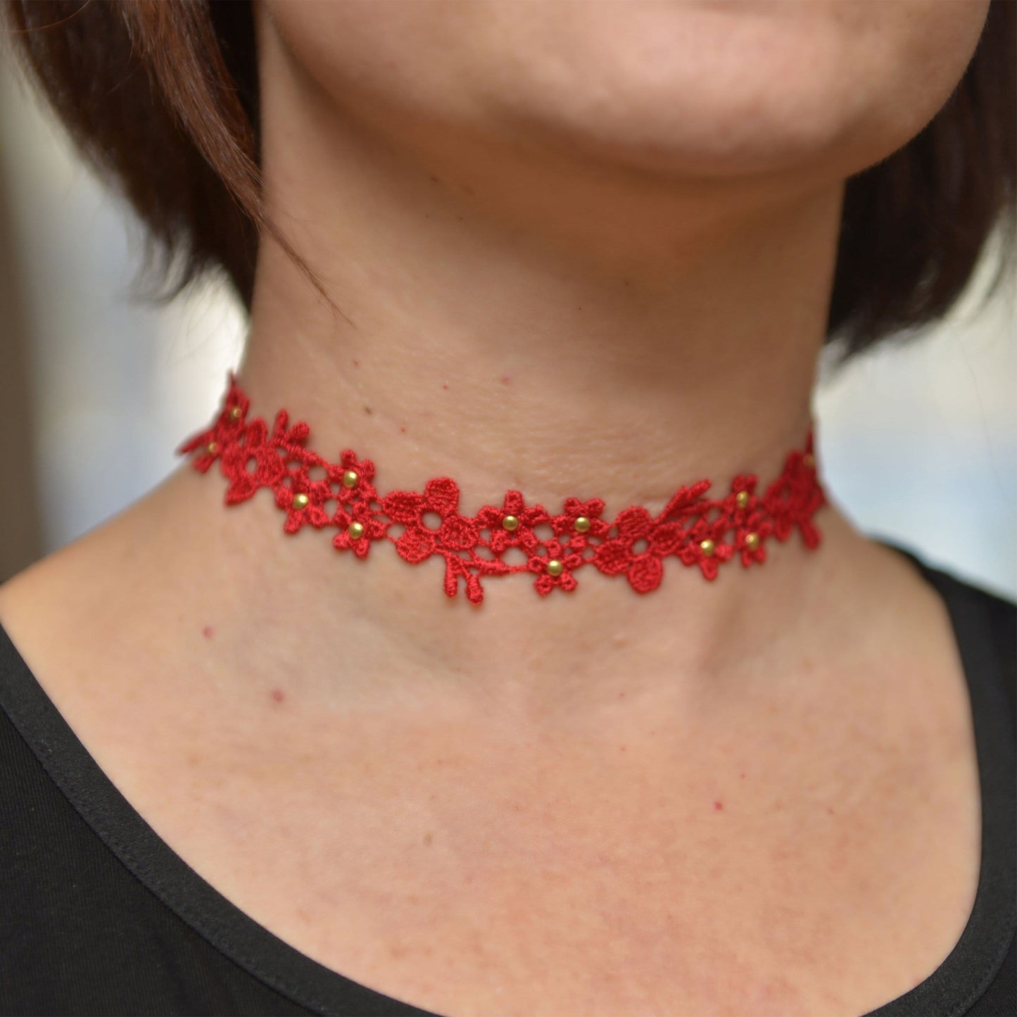 Red Choker with Floral Lace and Gold Beads