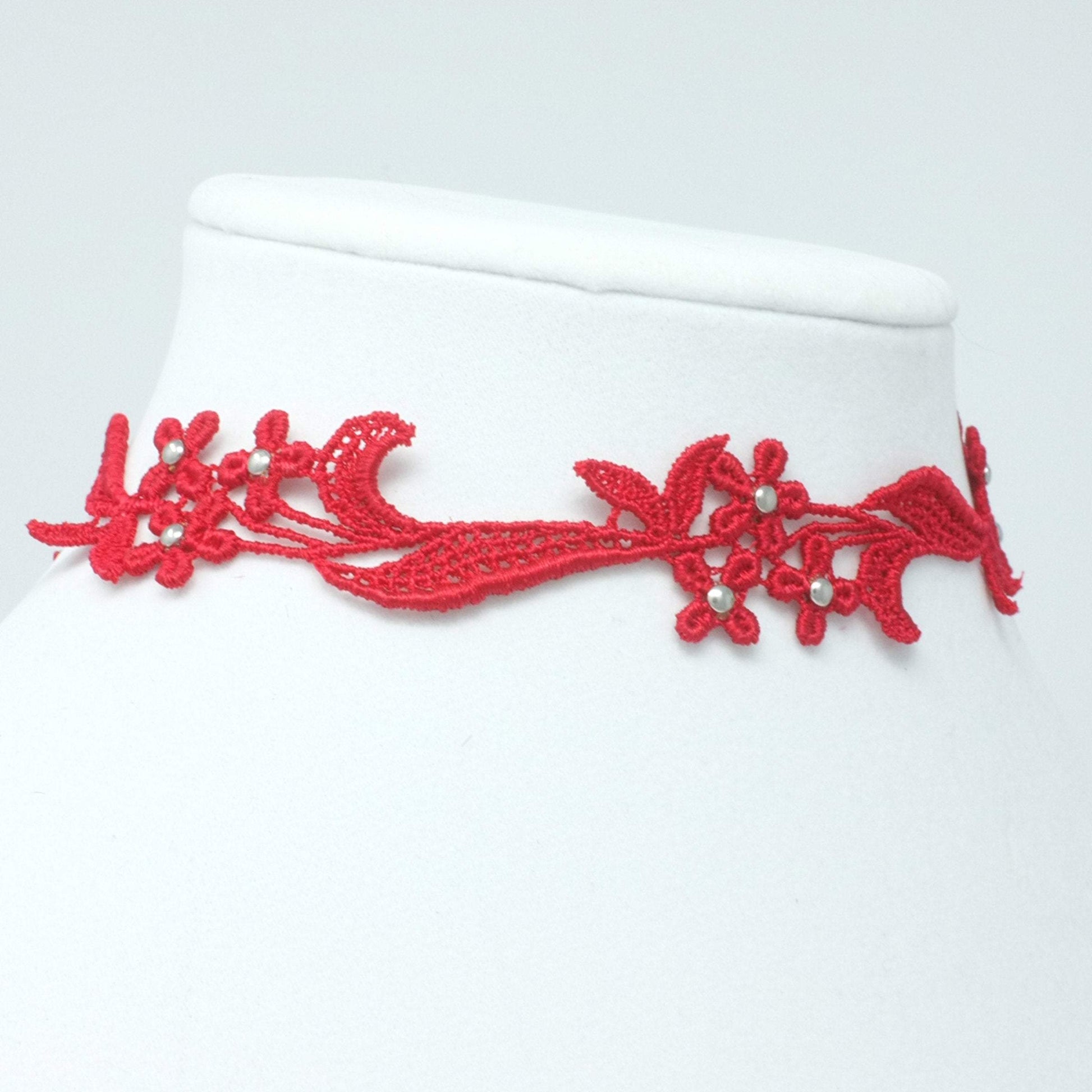 Red and Silver Sophia Lace Choker. Studded Choker Necklace made with floral lace and decorated with silver beads
