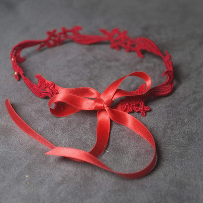 Romantic red lace pearl choker, delicate handmade jewelry from Yatys Boutique