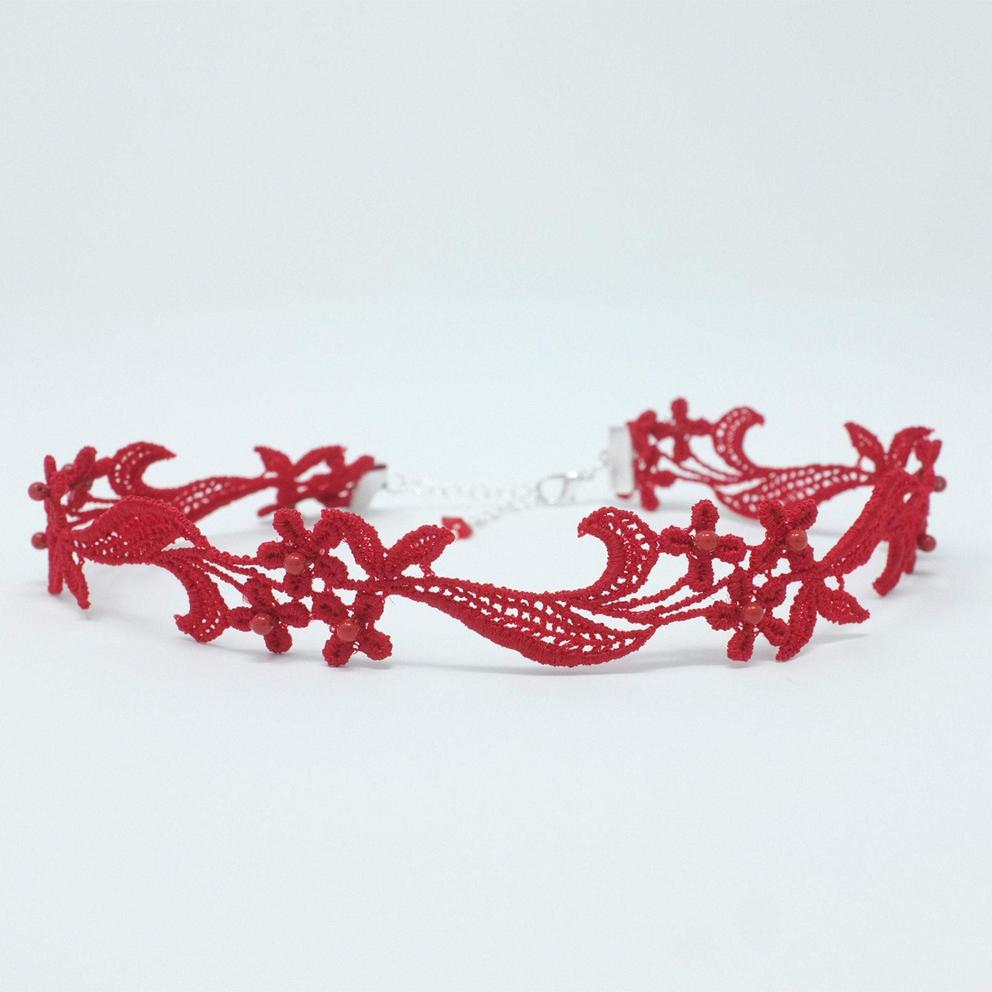 Sophia red lace choker necklace adorned with red crystal pearls, handmade custom fit