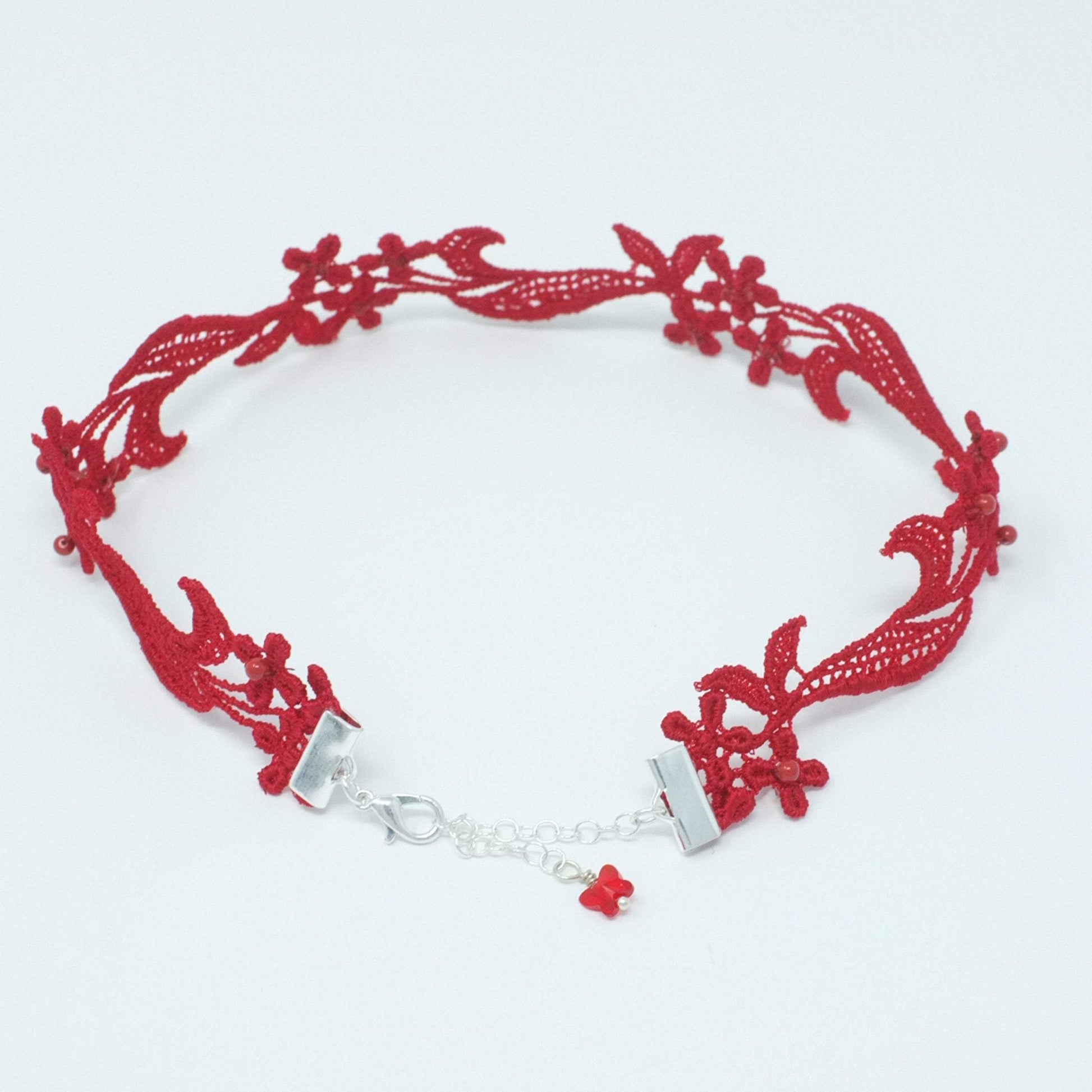 Custom-fit red lace choker necklace, handmade in California with pearl accents