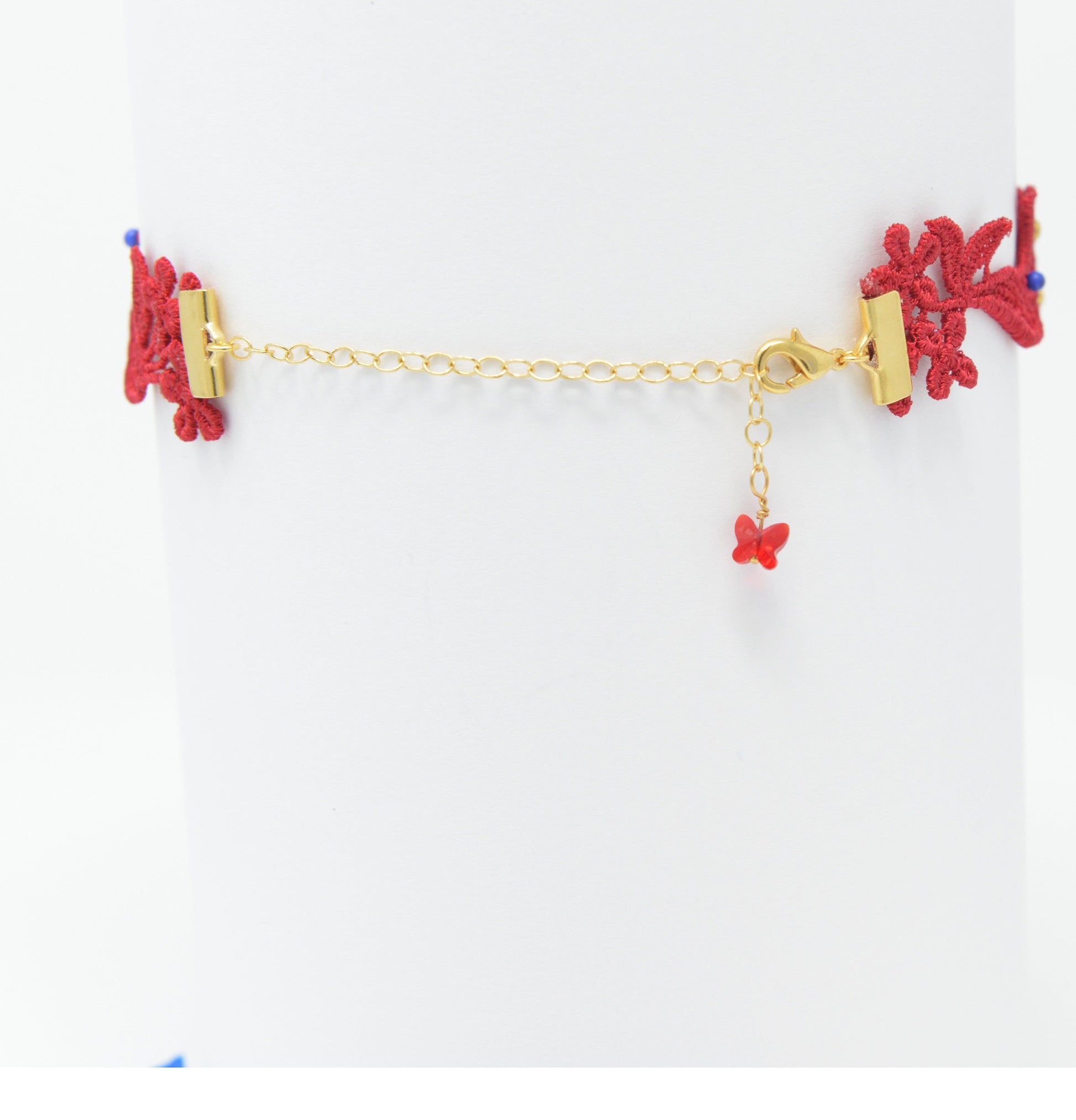 Red and Gold Lace Choker Gold Plated Brass Clasp & Chain with Butterfly crystal bead