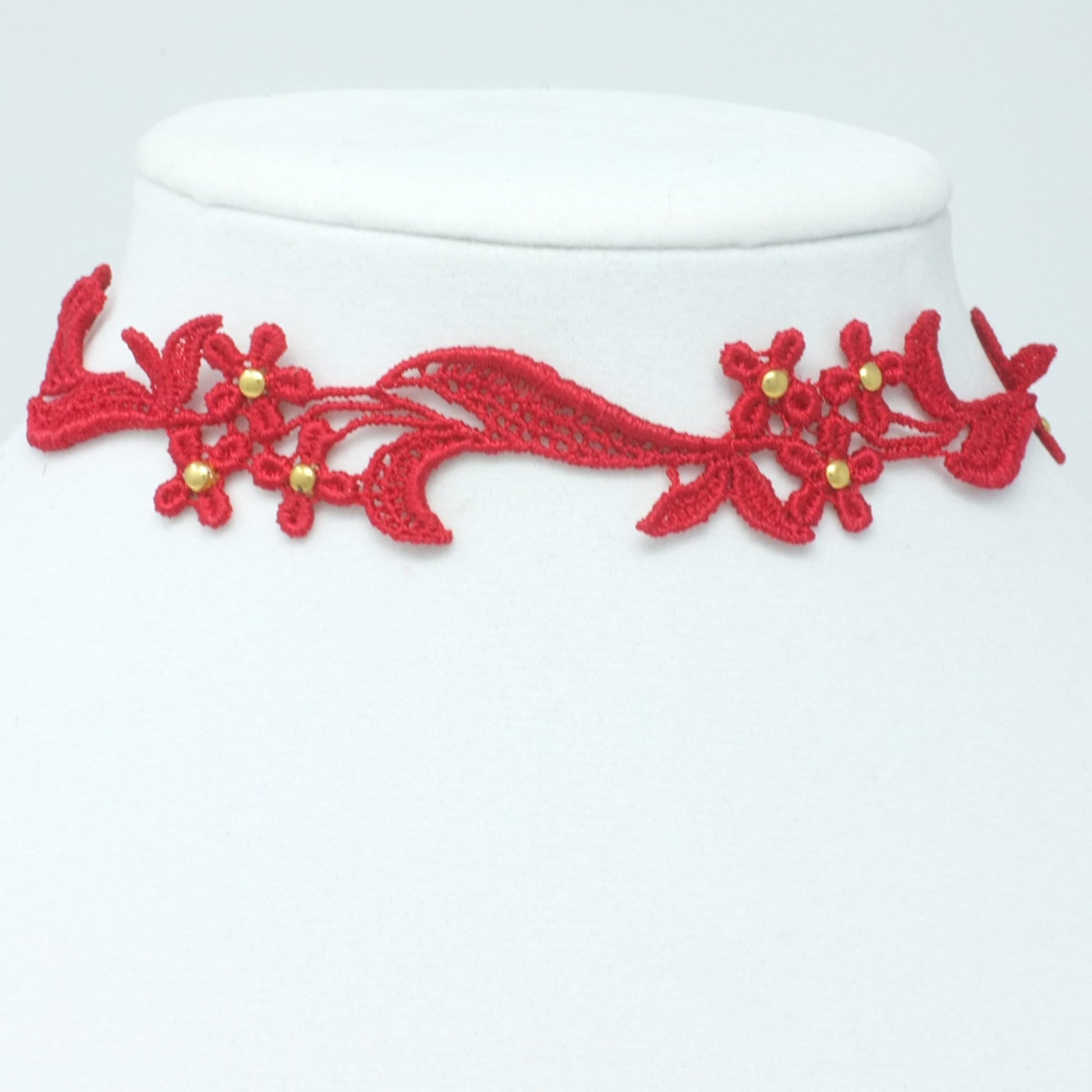 Sophia Collection red and gold lace choker necklace, elegant handmade accessory.