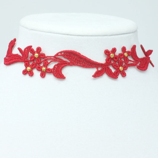 Sophia Collection red and gold lace choker necklace, elegant handmade accessory.