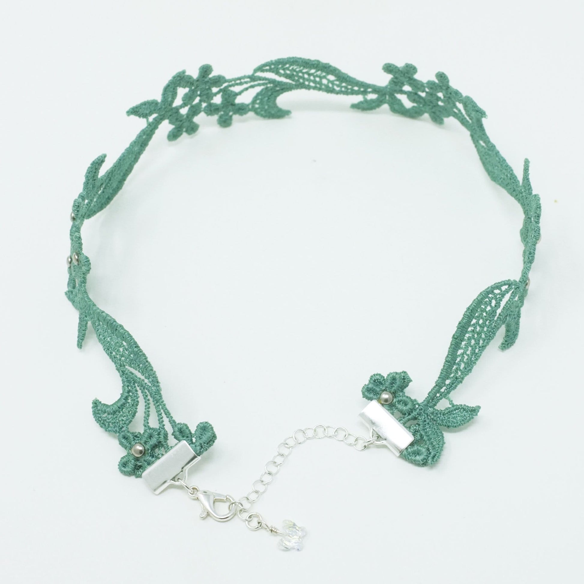Choker made with Seafoam Green Floral Lace and Silver Beads