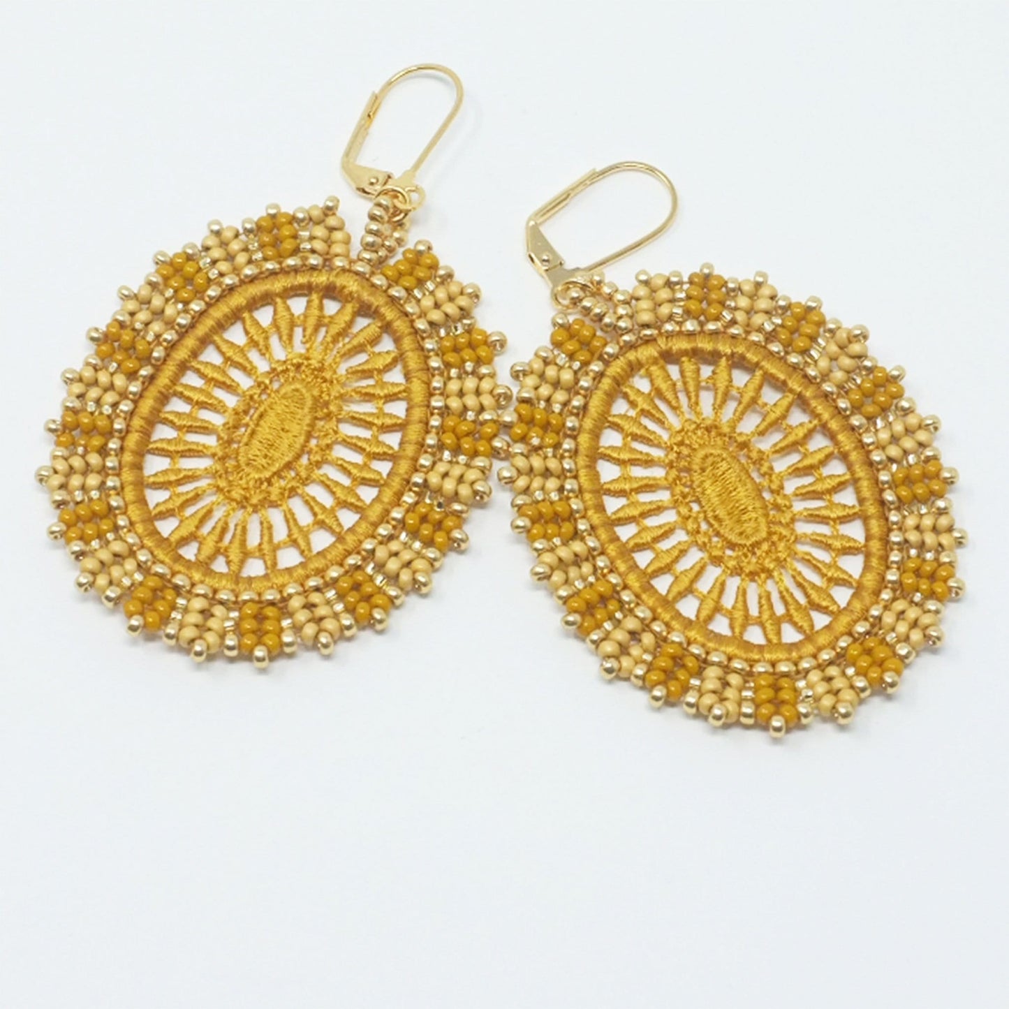 Yellow Oval Lace Earrings with bead embroidery