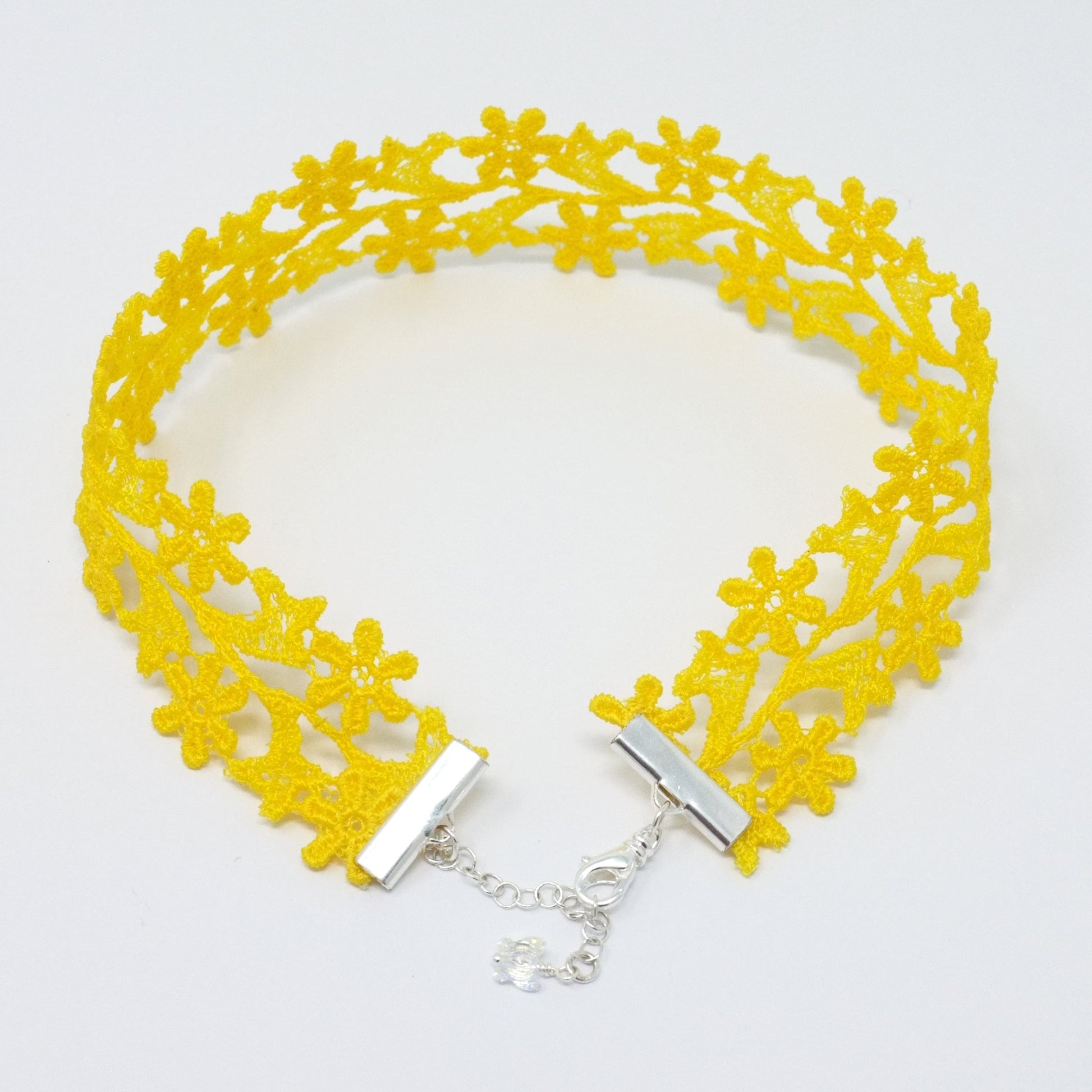 Lemon Yellow Wide Choker with Silver Plated Clasp. Lace Jewelry for Women
