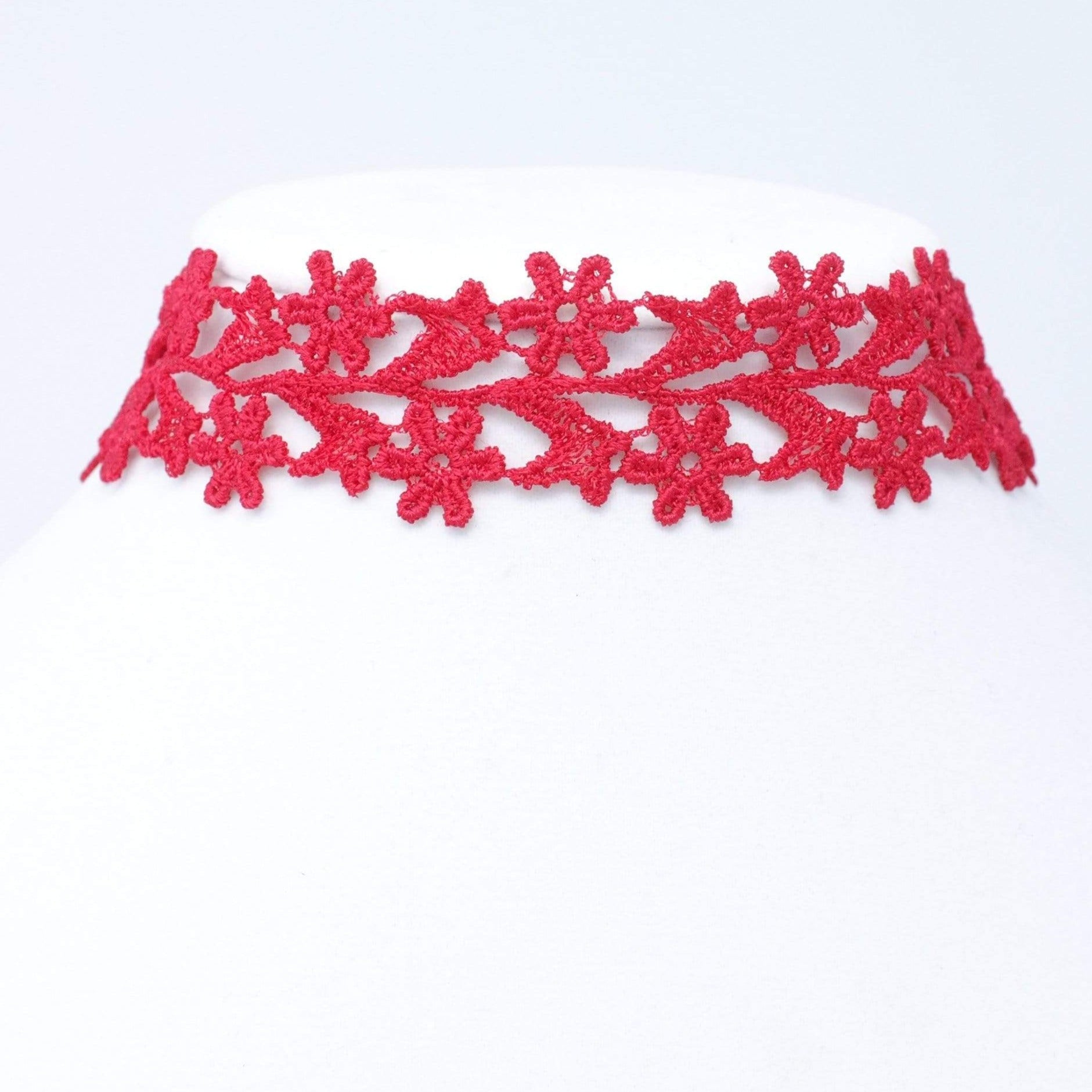 Red Wide Choker with Flowers