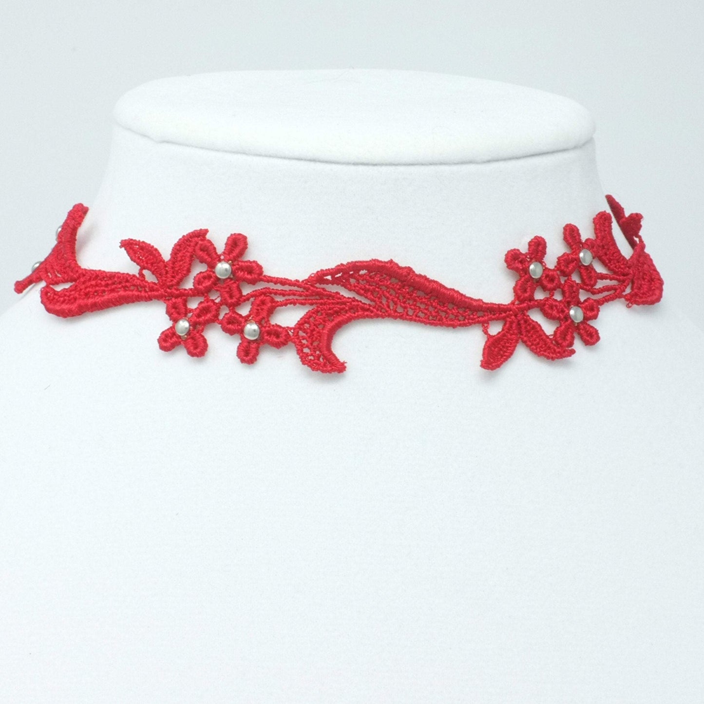 Red Lace Studded Choker Necklace decorated with silver brass beads