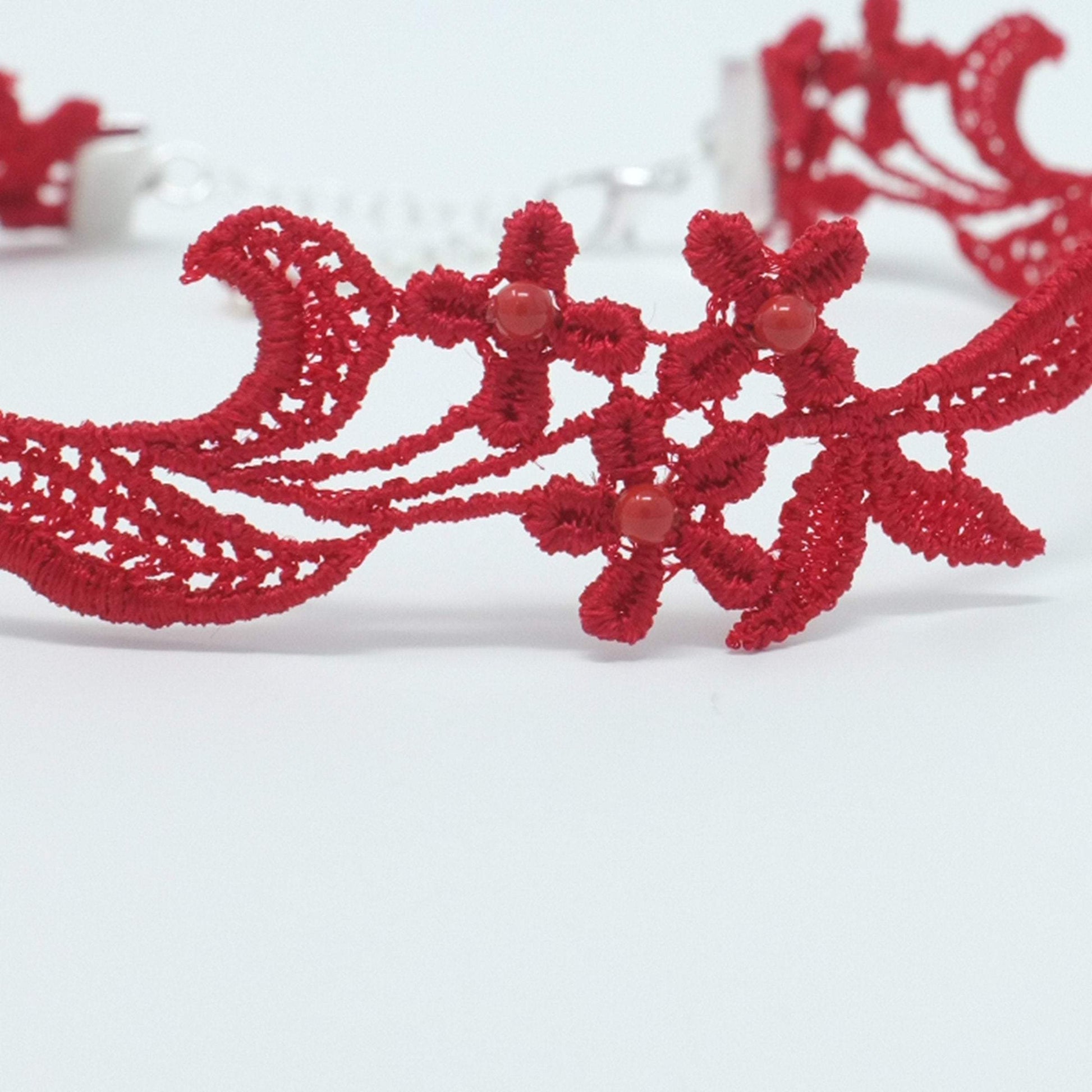 red floral Lace embroidered with red pearls