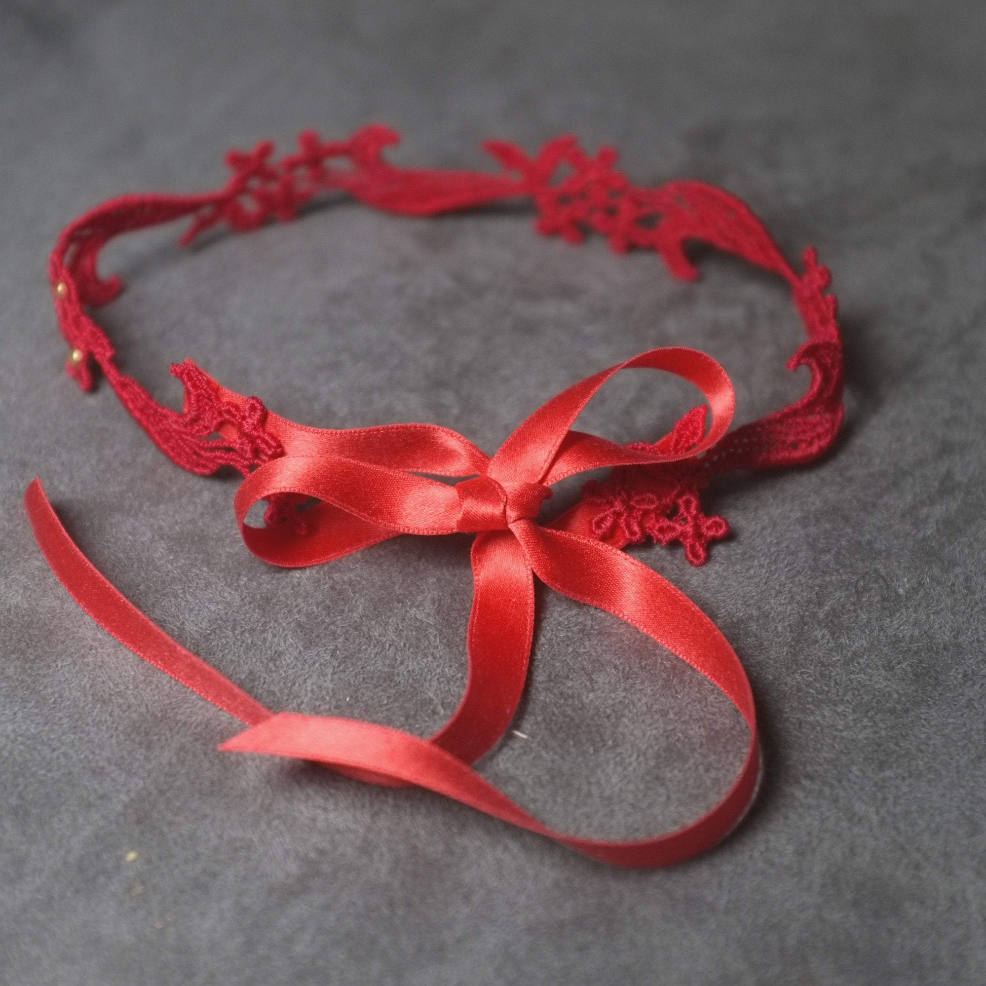 Red Lace Choker with Silk Ribbon closure.