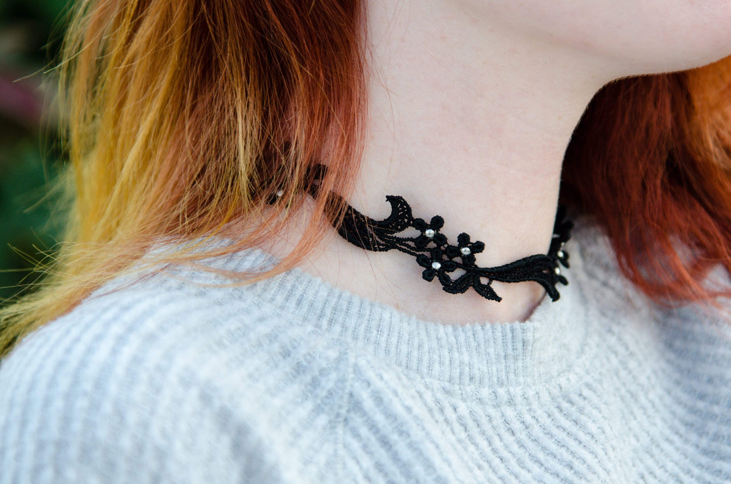 Black Lace Choker Necklace decorated with silver beads