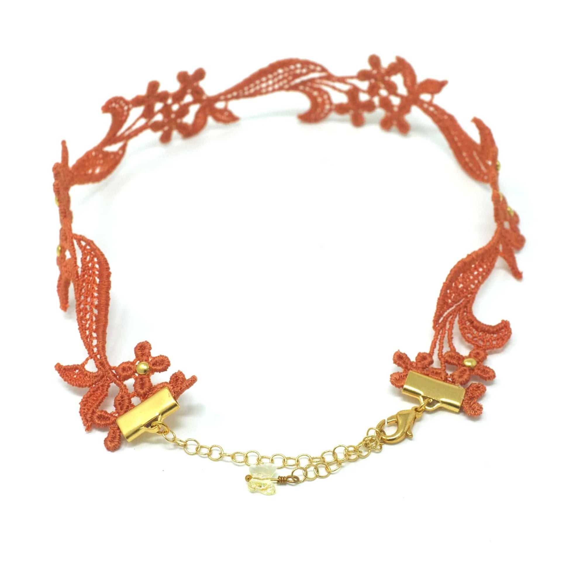 Gold Studded Lace Necklace made with yellow orange lace with floral design
