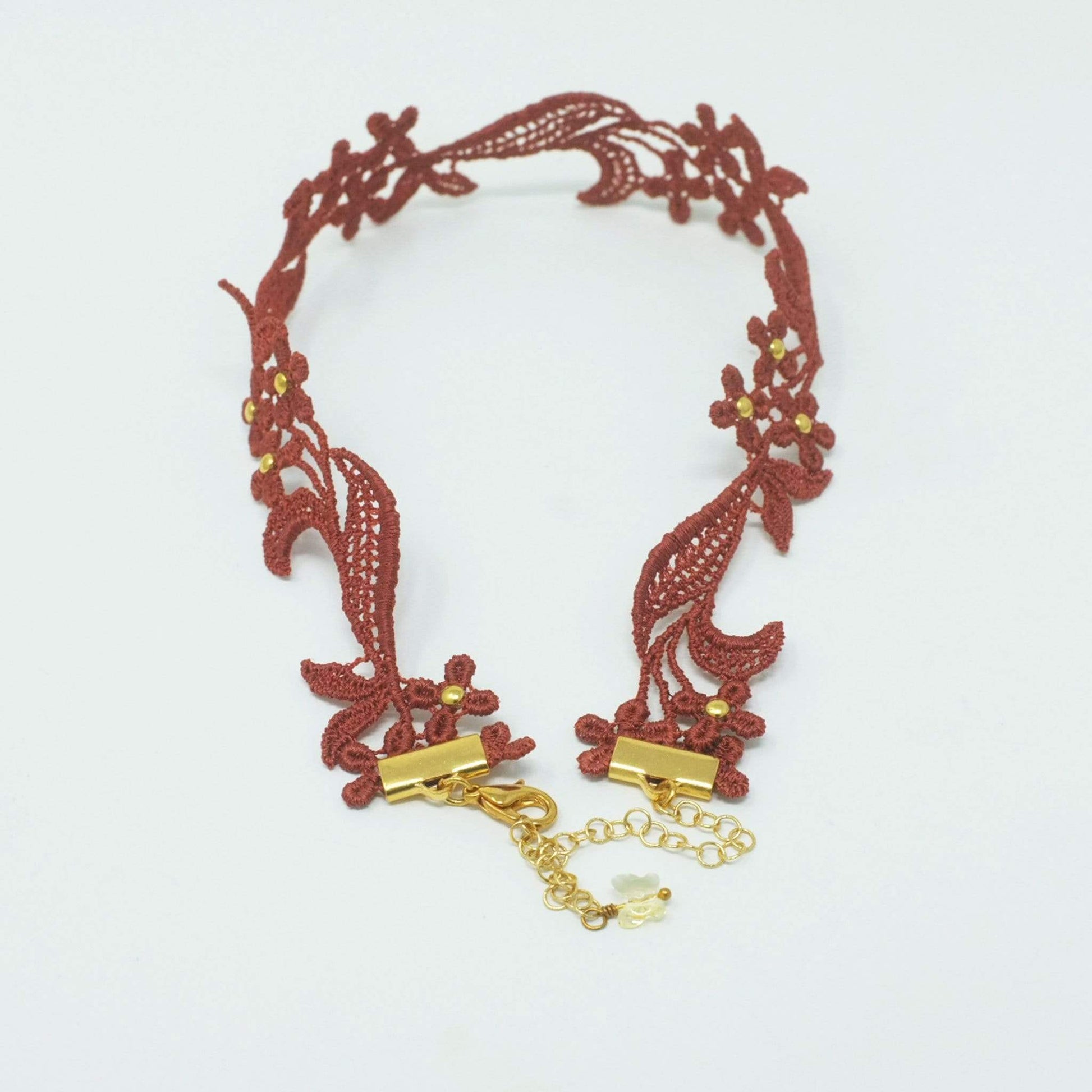 Burnt-Orange Floral Lace Necklace with Gold Clasps