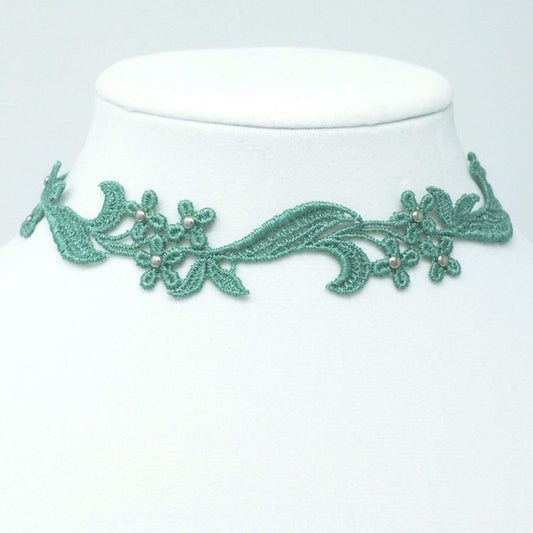 Seafoam Green Floral Choker decorated with silver beads